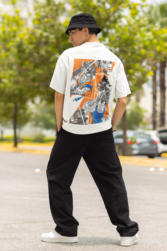 Side view of model wearing W.I.F.I Men's Oversized Dragon Ball - Saiyan War Graphic Premium Cotton White T-Shirt