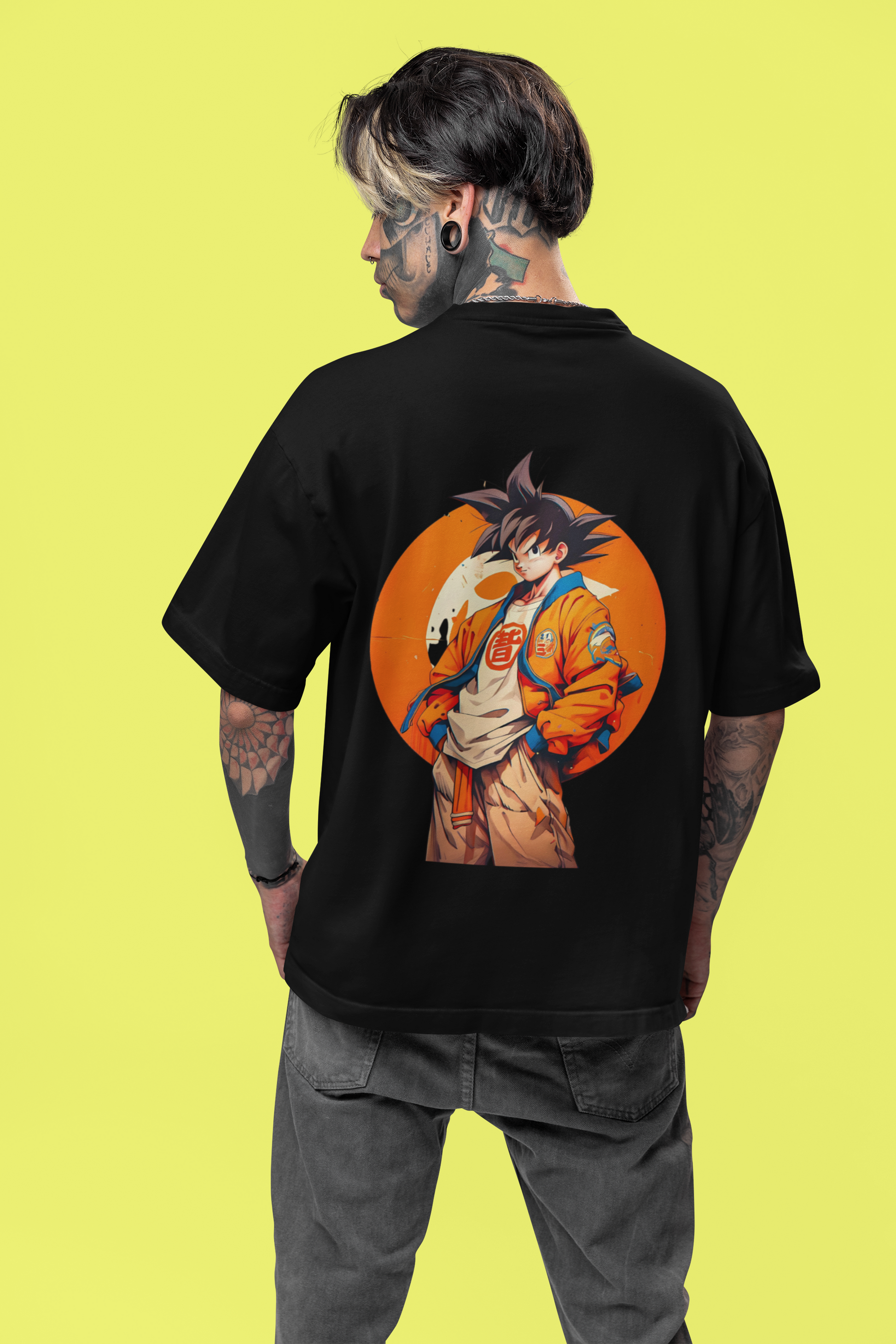 Back View: "W.I.F.I Men's Oversized Goku Anime Graphic T-Shirt - Back view for a complete look.