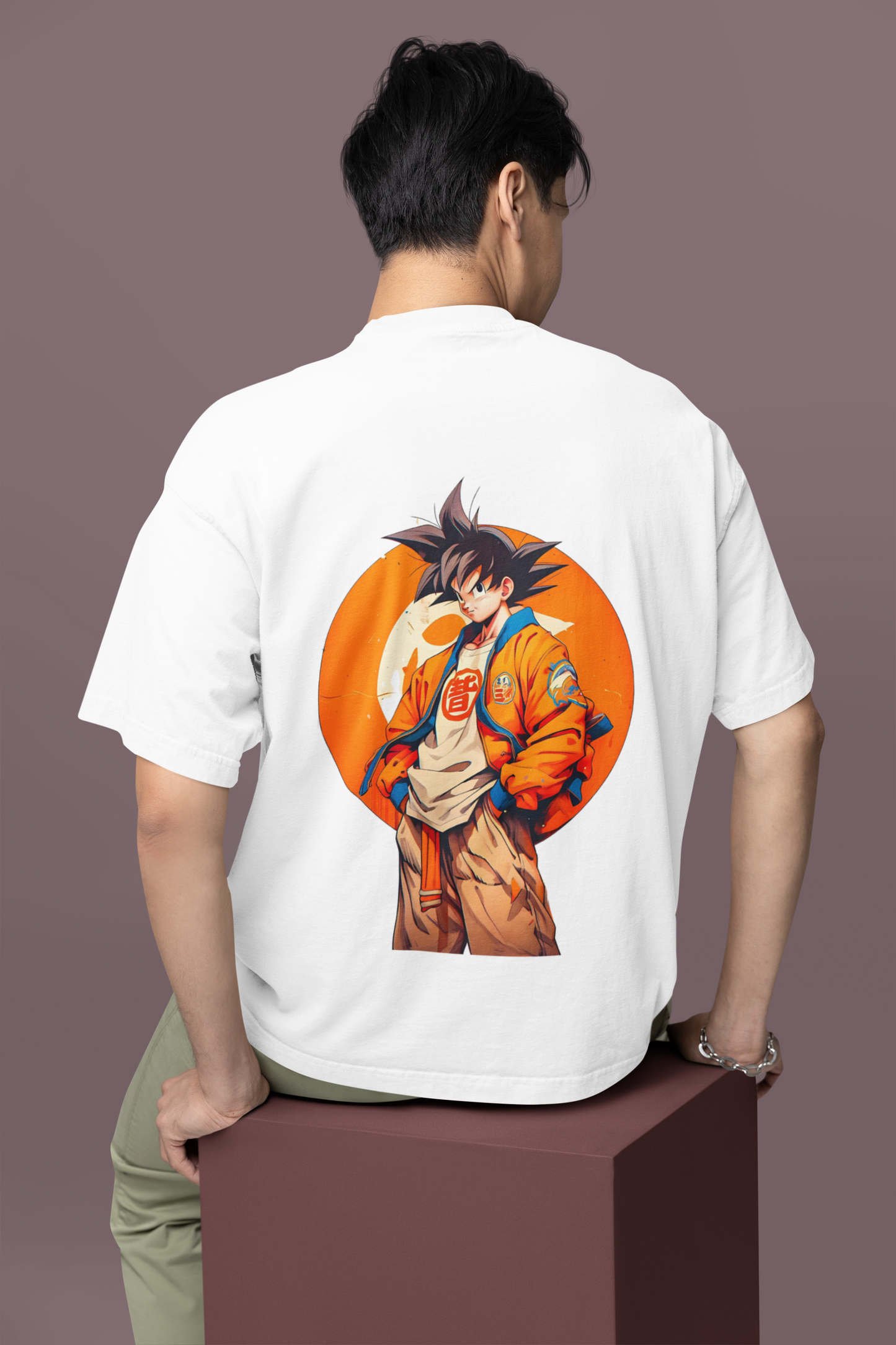 Back View: "W.I.F.I Men's Oversized Goku Anime Graphic T-Shirt - Back view for a complete look.