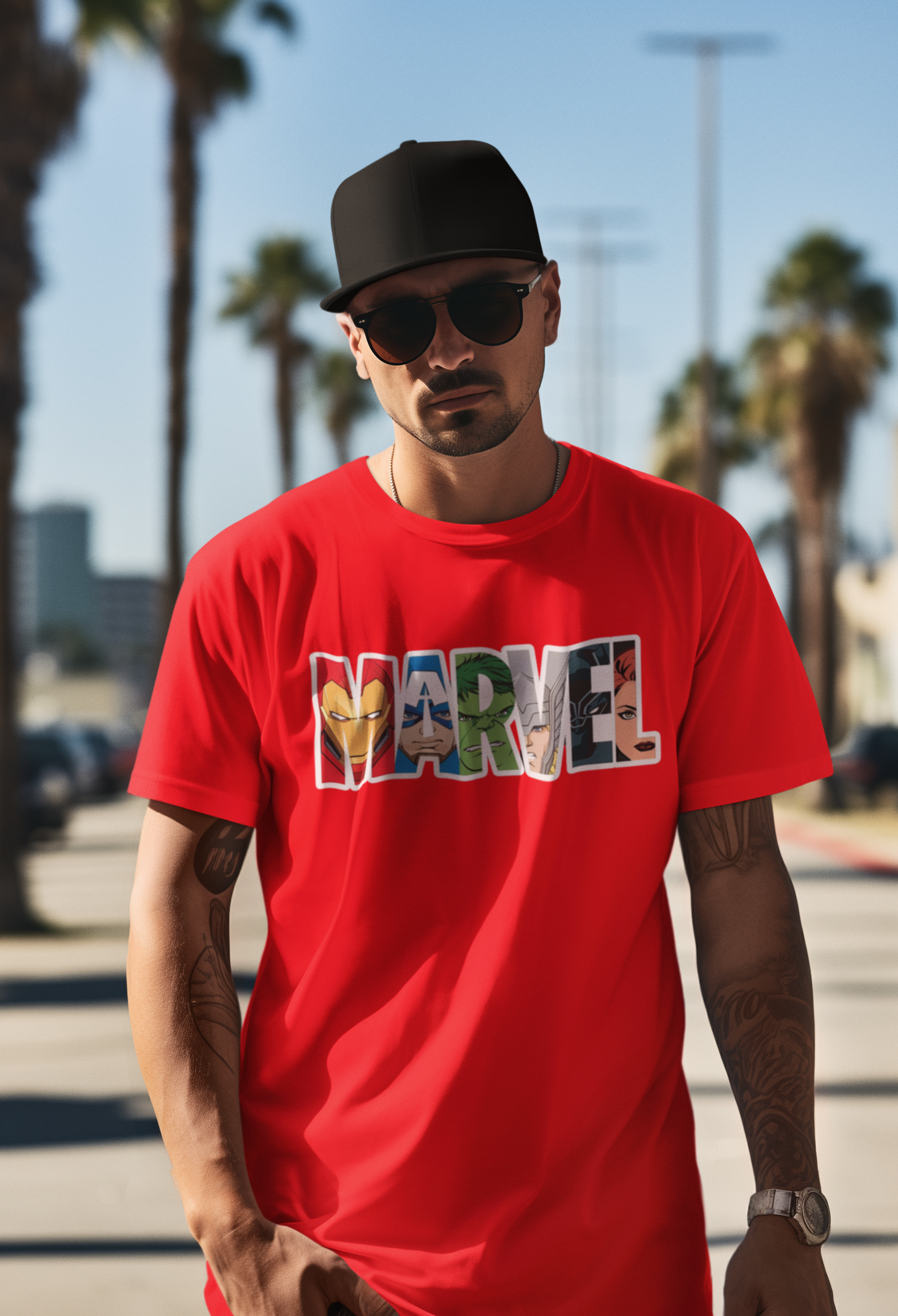 Front view of W.I.F.I (Wear it Feel it) Men's Regular Fit 'MARVAL' Graphic Premium Cotton Red T-Shirt