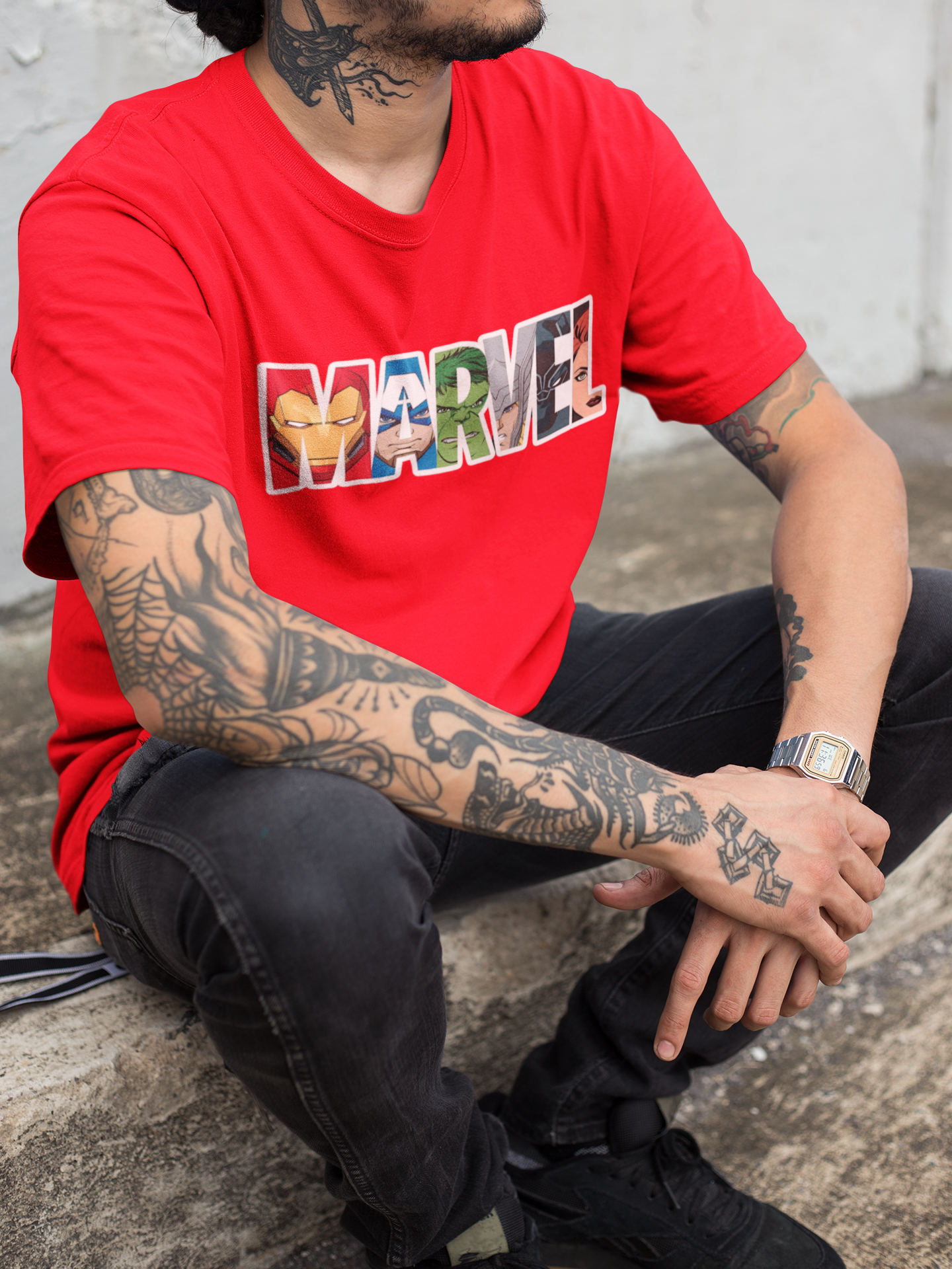 Model wearing W.I.F.I (Wear it Feel it) Men's Regular Fit 'MARVAL' Graphic Premium Cotton Red T-Shirt