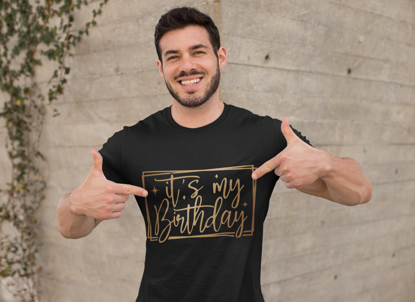 Close-up of "It’s My Birthday" Graphic on W.I.F.I Men's Regular fit Premium Cotton Black T-Shirt