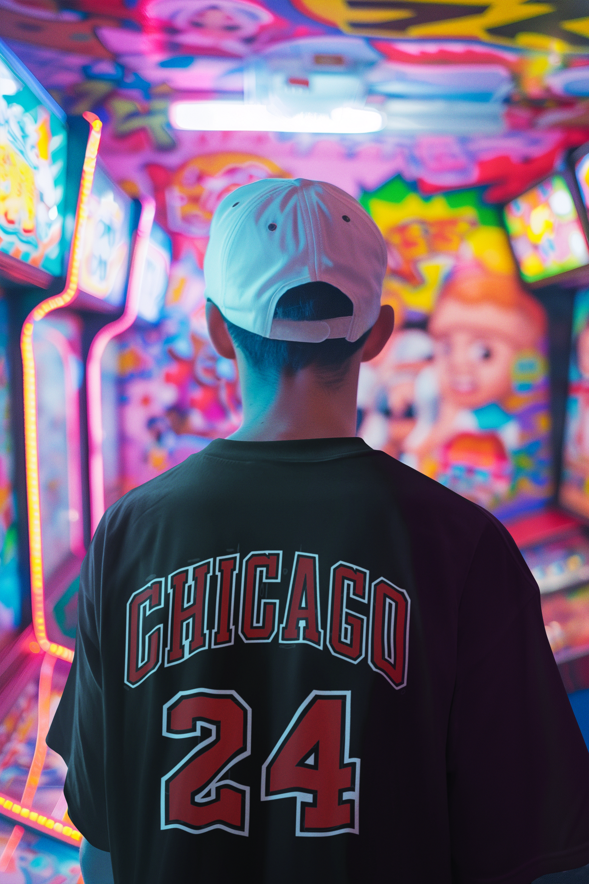 Close-up detail of the "CHICAGO Typography" graphic on the W.I.F.I Men's Oversized T-Shirt