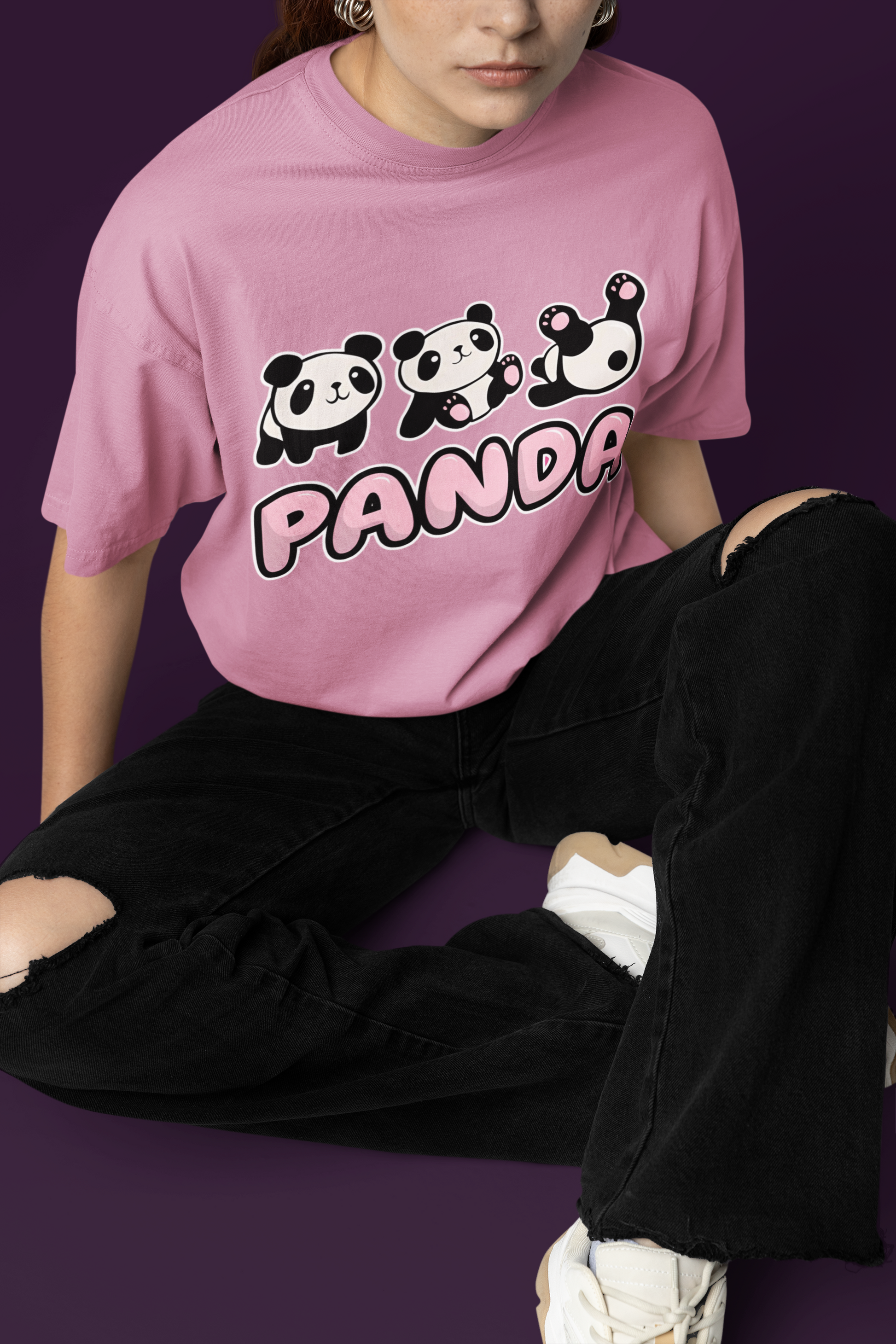 Front view of W.I.F.I Women's Oversized "Panda" Quote Graphic T-Shirt in Flamingo pink